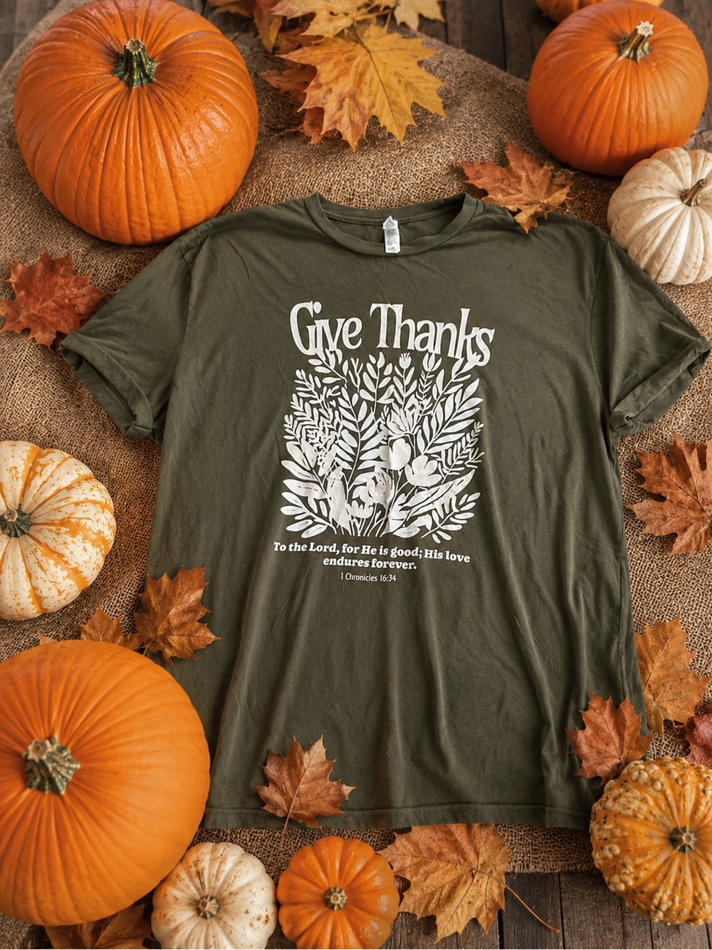 Give Thanks Olive Green Graphic Tee - Faith Message